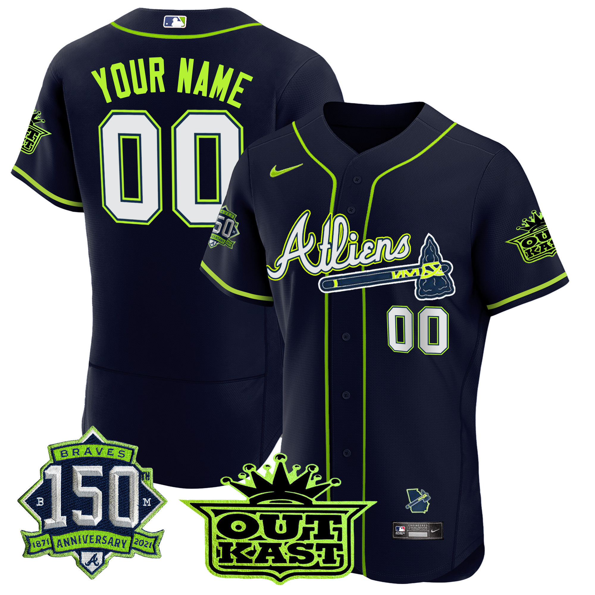 Atlanta Braves Atliens 150Th Anniversary Patch Flex Base Custom Jersey – All Stitched