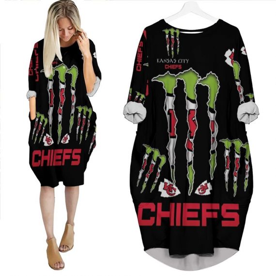 Monster Energy Lovers Kansas City Chiefs 3D Batwing Pocket Dress Womens Oversized Loose Dress