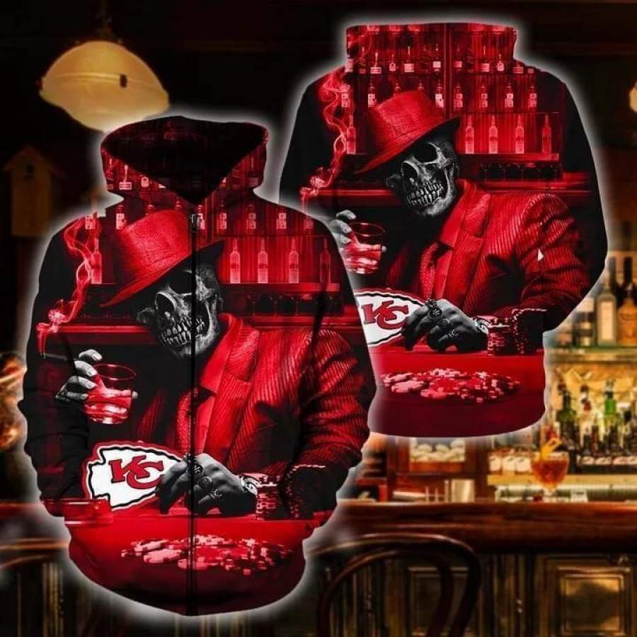 Skull Play Kansas City Chiefs Card Printed Zip Hoodie Unisex 3D All Over Print