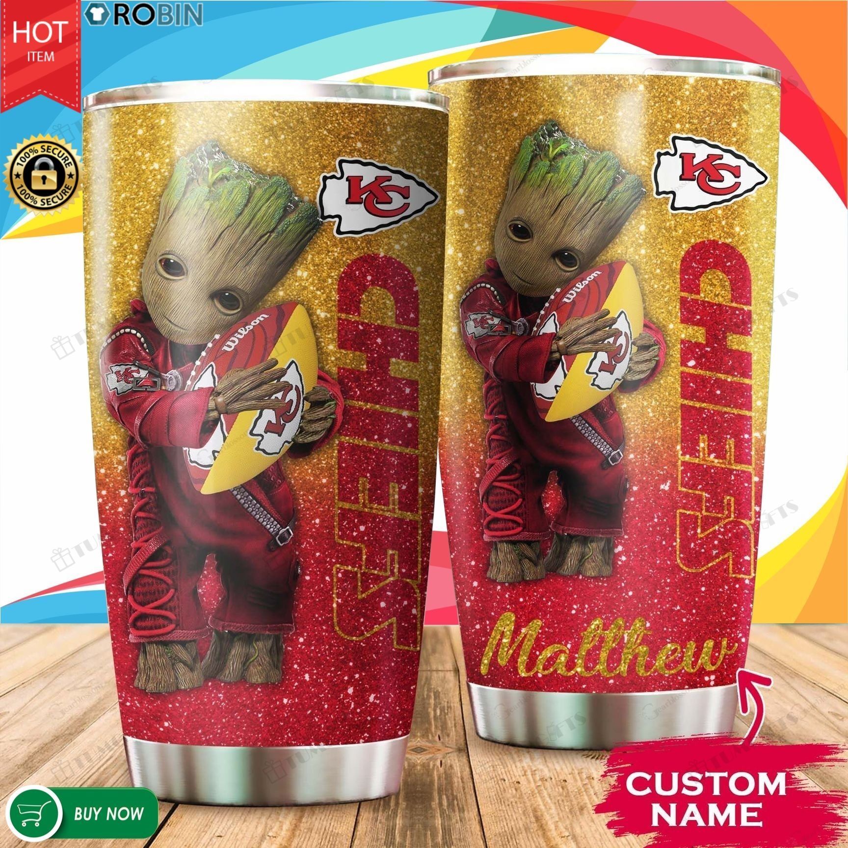 Buy Personalized Baby Groot Hug Kansas City Chiefs Custom Stainless Steel Tumbler