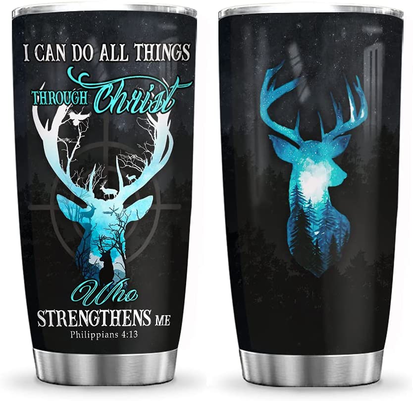 20Oz Deer Hunting God Strengthen, Deer Lovers, Deer Inspiration Tumbler Cup With Lid, Double Wall Vacuum Thermos Insulated Travel Coffee Mug