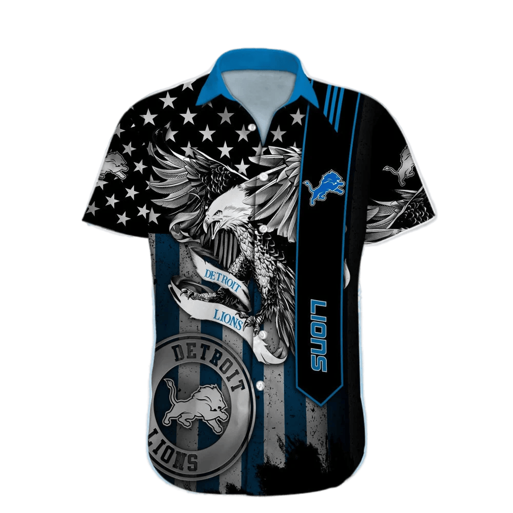 Detroit Lions Hawaiian Shirt Detroit Lions Team Symbol American Flag And Eagle Black Blue Hawaii Shirt For Men Detroit Lions Aloha Shirt - Product by Prowallart Shop