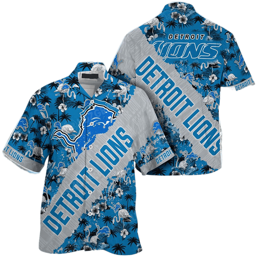 Detroit Lions Hawaiian Shirt Detroit Lions Flamingos And Flowers Grey Blue Hawaii Shirt Detroit Lions Aloha Shirt For Men Women - Product by Prowallart Shop