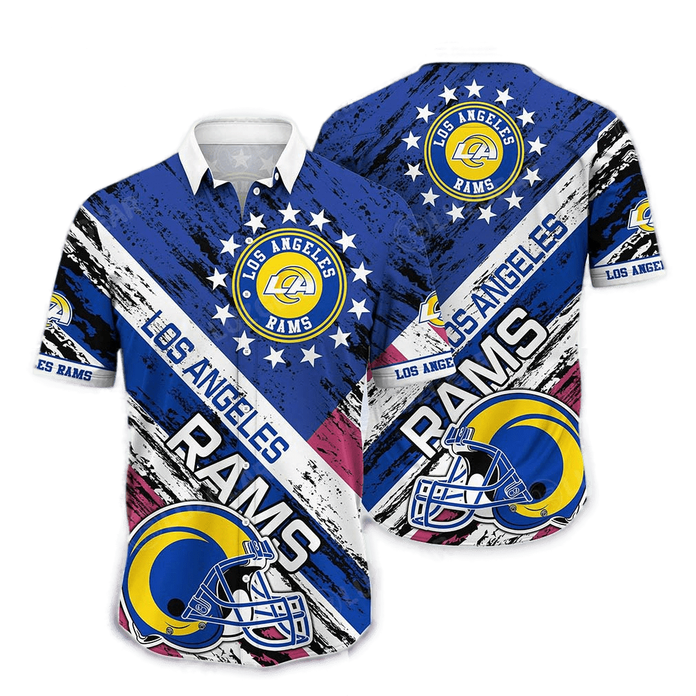 Los Angeles Rams Hawaiian Shirt American Flag And Helmet Los Angeles Rams Symbol White Blue Hawaii Shirt For Men Los Angeles Rams Aloha Shirt