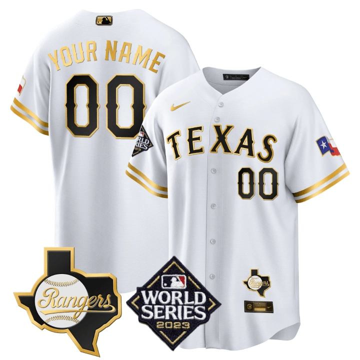 Texas Rangers 2023 World Series & Texas State Patch Gold Custom Jersey V2- All Stitched