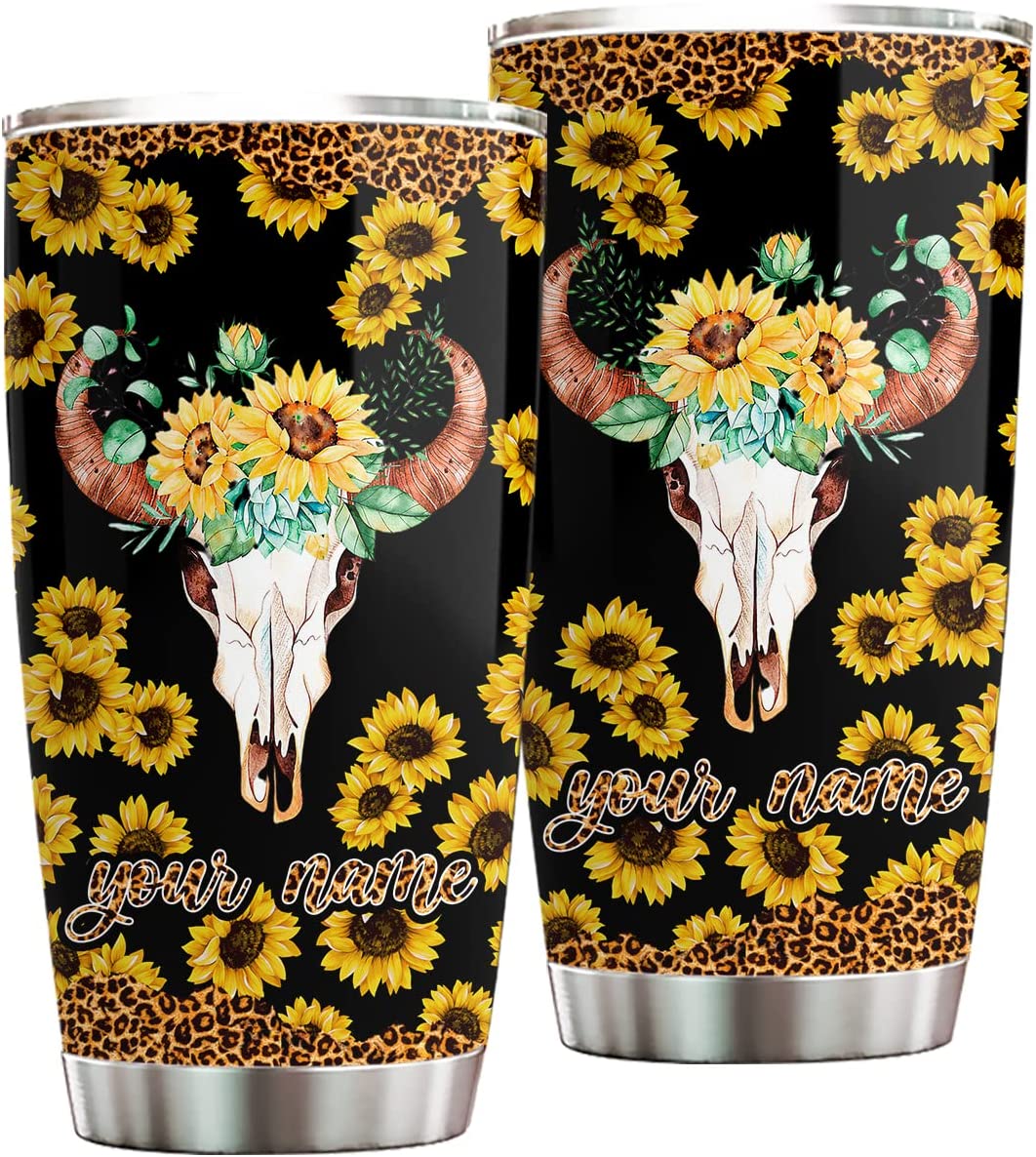 Yellow Flowers Cow Skull Tumbler Customized Name 20Oz 30Oz Stainless Steel Coffe Travel Mug Cow Gift For Girls Women Cow Lovers Girlfriend Farmer On Birthday Mother’S Day Adventure Special Day