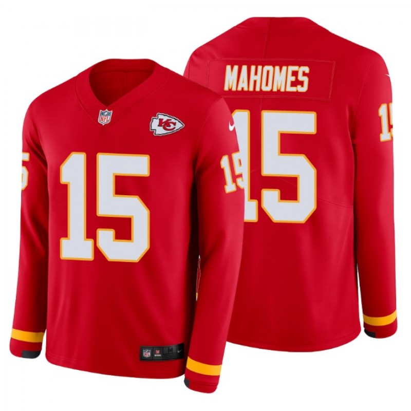 Patrick Mahomes #15 Kansas City Chiefs Therma Long Sleeve Red Jersey – All Stitched, Embroidery