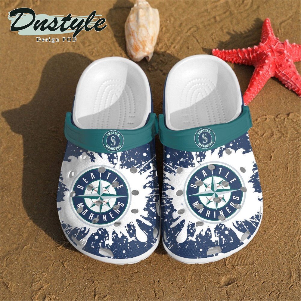 Seattle Mariners Logo Pattern Crocs Classic Clogs Shoes In White & Blue