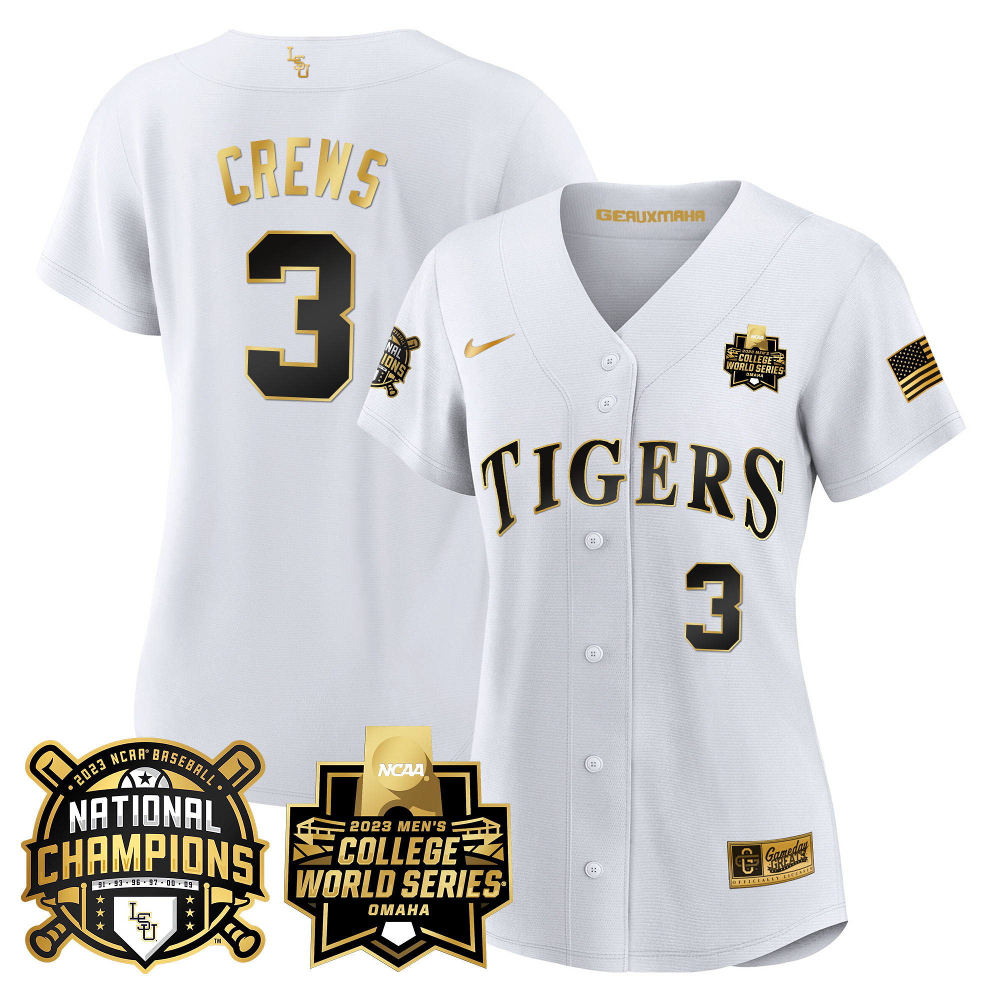 Women’S Lsu Tigers 2023 National Champions Gold Jersey V3 – All Stitched