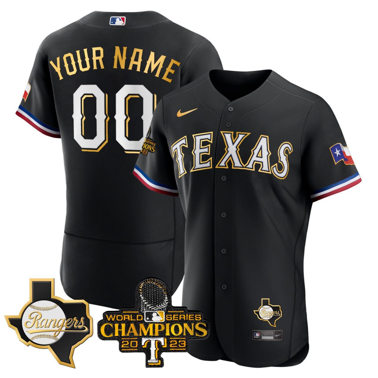 Texas Rangers 2023 World Series Champions Rangers Patch Flex Base Gold Trim Custom Jersey – All Stitched