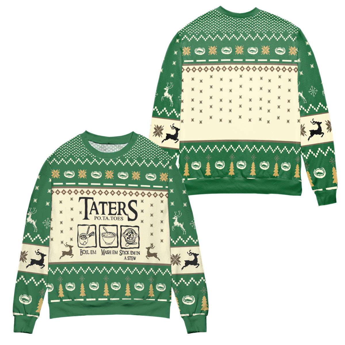 Lord Of The Rings Taters Potatoes Recipe Pine Tree & Reindeer Pattern Ugly Christmas Sweater – All Over Print 3D Sweater – Green