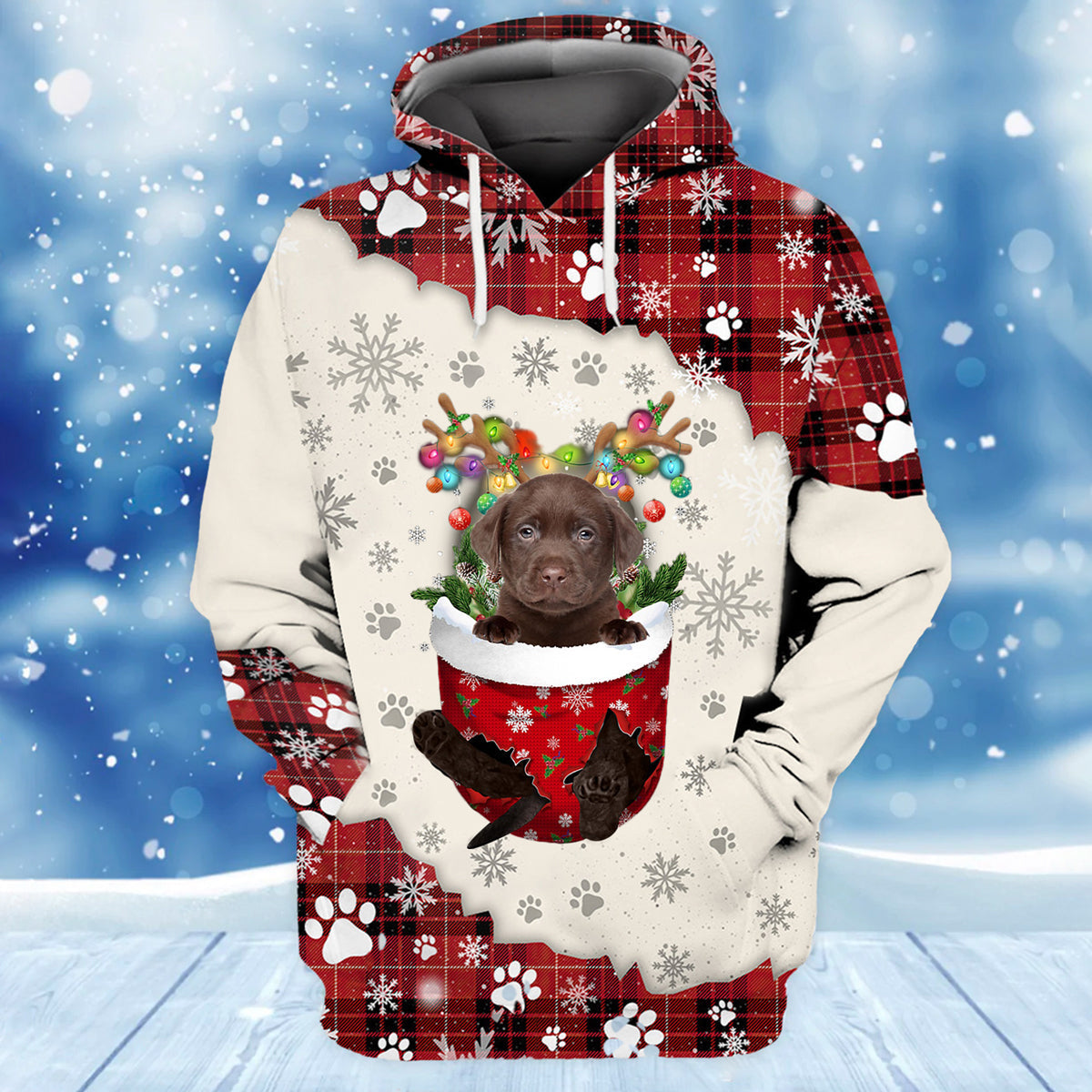 Chocolate Labrador In Snow Pocket Merry Christmas Unisex Hoodie