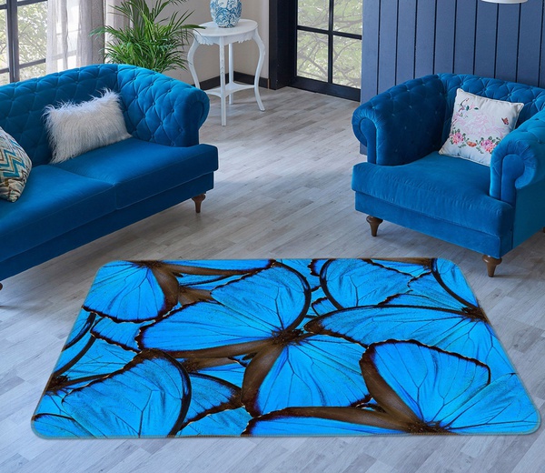 3D Blue Butterfly Background Area Rug Home Decor