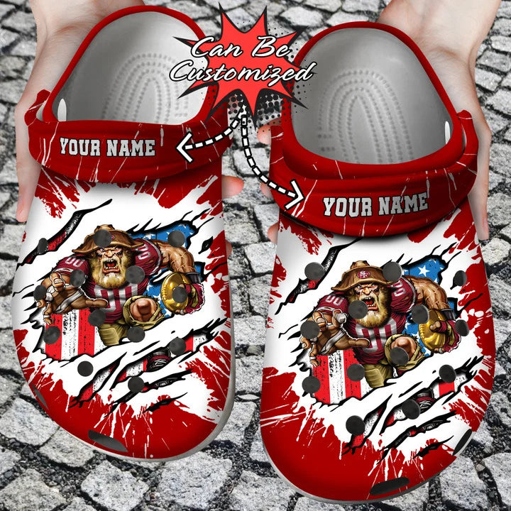 Football Crocss – Personalized San Francisco 49Ers Mascot Ripped Flag Clog Shoes