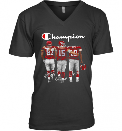 Champion Kansas City Chiefs Kelce 87 Mahomes 15 Hill 10 Signatures V-Neck T-Shirt