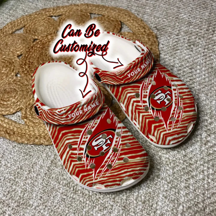 Football Crocs – Personalized San Francisco 49Ers Ripped Zebra Print Paint Clog Shoes