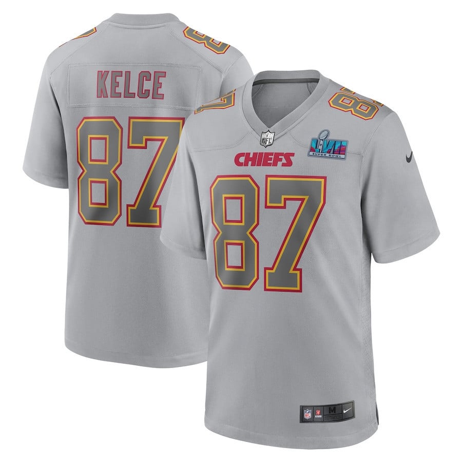 Travis Kelce 87 Kansas City Chiefs Youth Super Bowl Lvii Patch Atmosphere Fashion Game Jersey – Gray