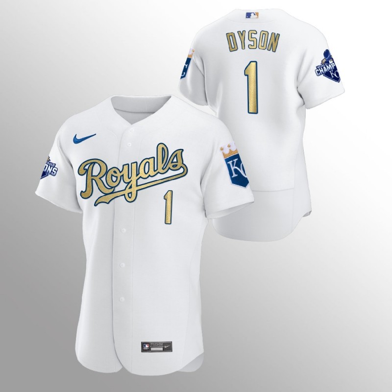 Kansas City Royals Jarrod Dyson White 2015 World Series Champions Nike Jersey – All Stitched, Embroidery