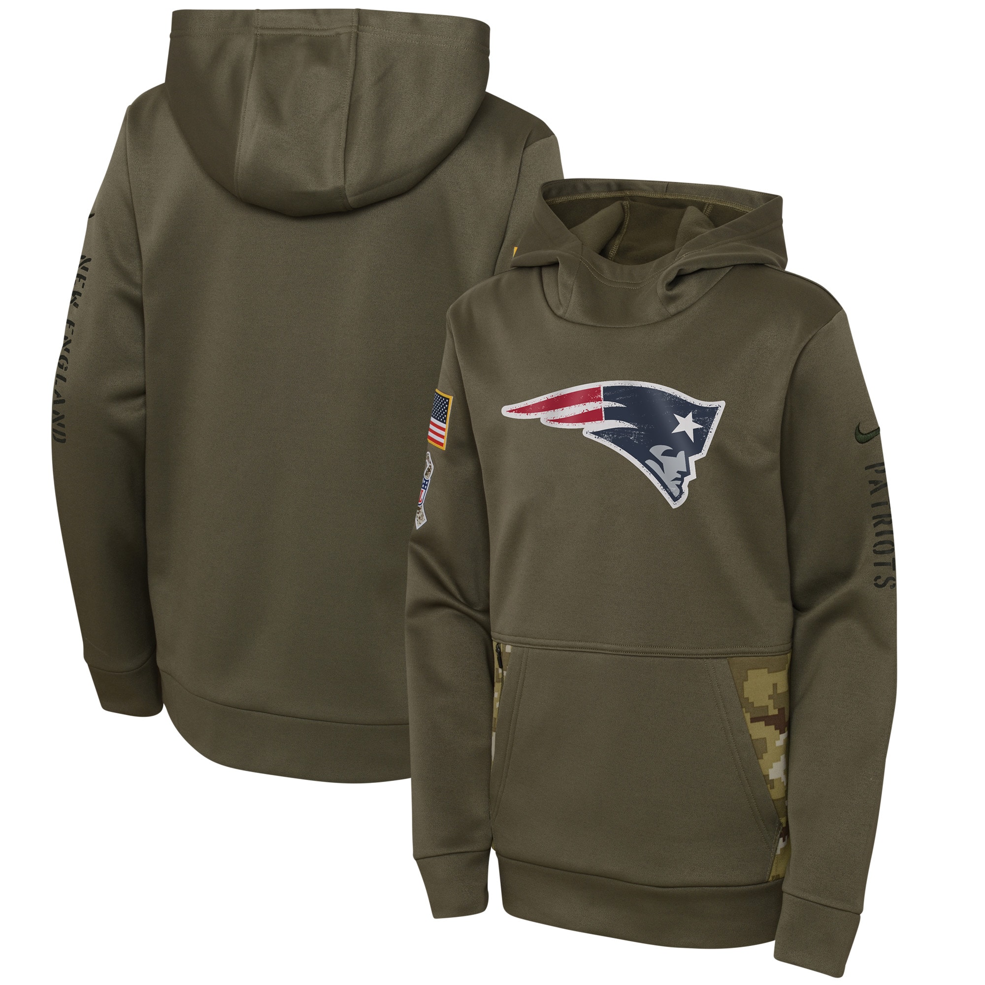 New England Patriots 2022 Salute To Service Therma Performance Pullover Hoodie – Camo – Youth