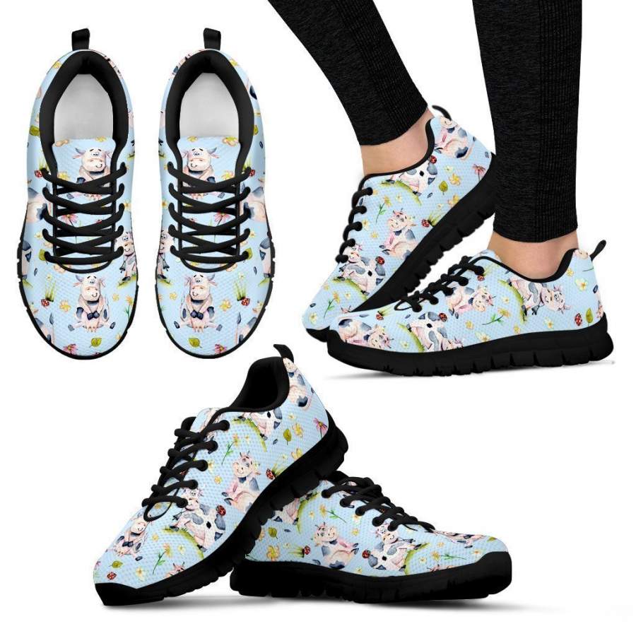 Watercolor Cartoon Cow Pattern Print Women’s Sneakers