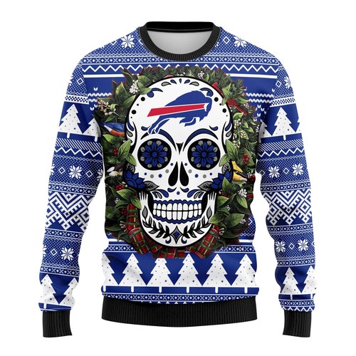 Buffalo Bills Skull Flower Christmas Gift For Fan Ugly Wool Sweater Christmas