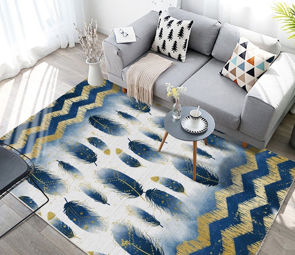 3D Black Feather And Golden Zigzag Area Rug Home Decor