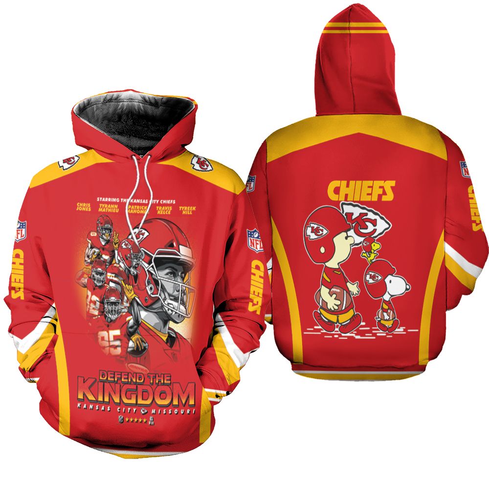 Kansas City Chiefs Defend The Kingdom Patrick Mahomes Tyrann Mathieu Chris Jones Travis Kelce Tyreek Hill Peanuts Snoopy Charlie Tshirt Hoodie Sweat Hoodie