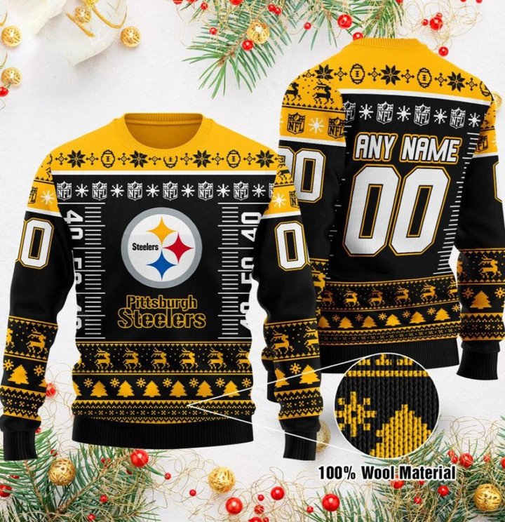 Pittsburgh Steelers Custom Name Black Golden Gift For Fan Ugly Wool Sweater Christmas