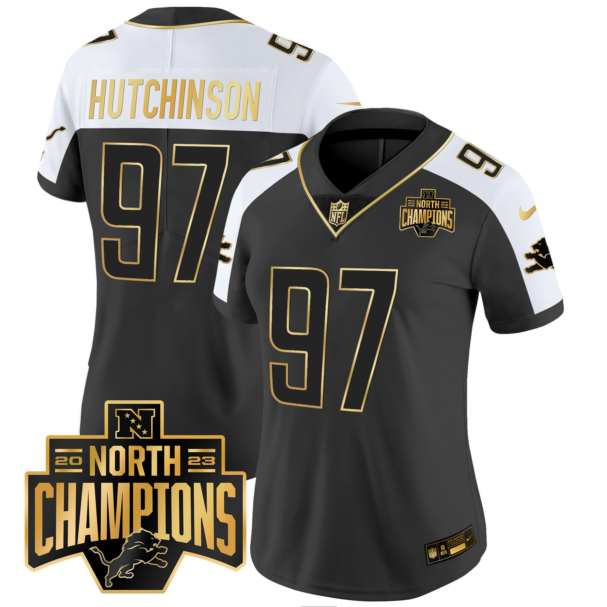 Women’S Detroit Lions 2023 Nfc North Division Champions Patch Vapor Gold Jersey – All Stitched