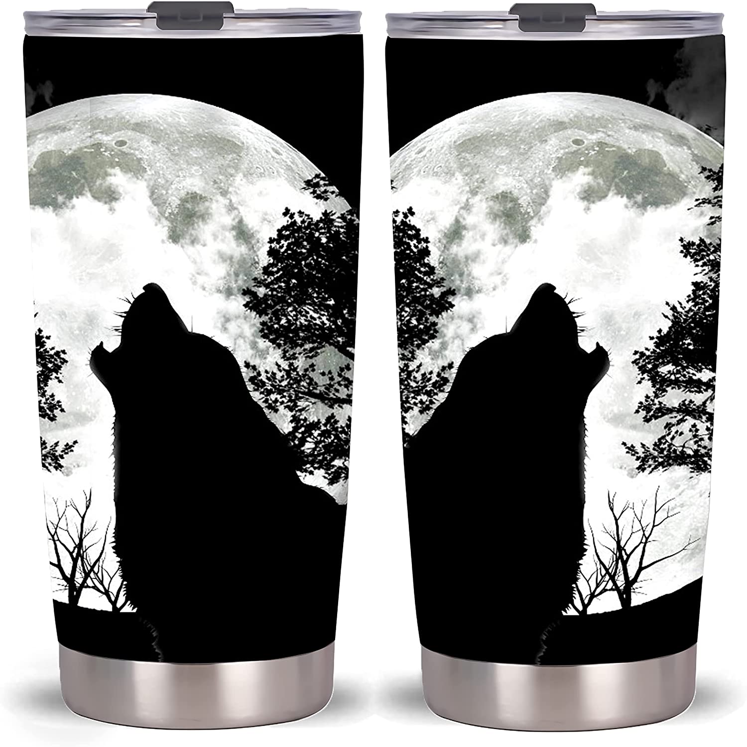 20Oz Wolf Tumbler -Stainless Steel Travel Mug With Lid And Straw (Roaring Wolf)