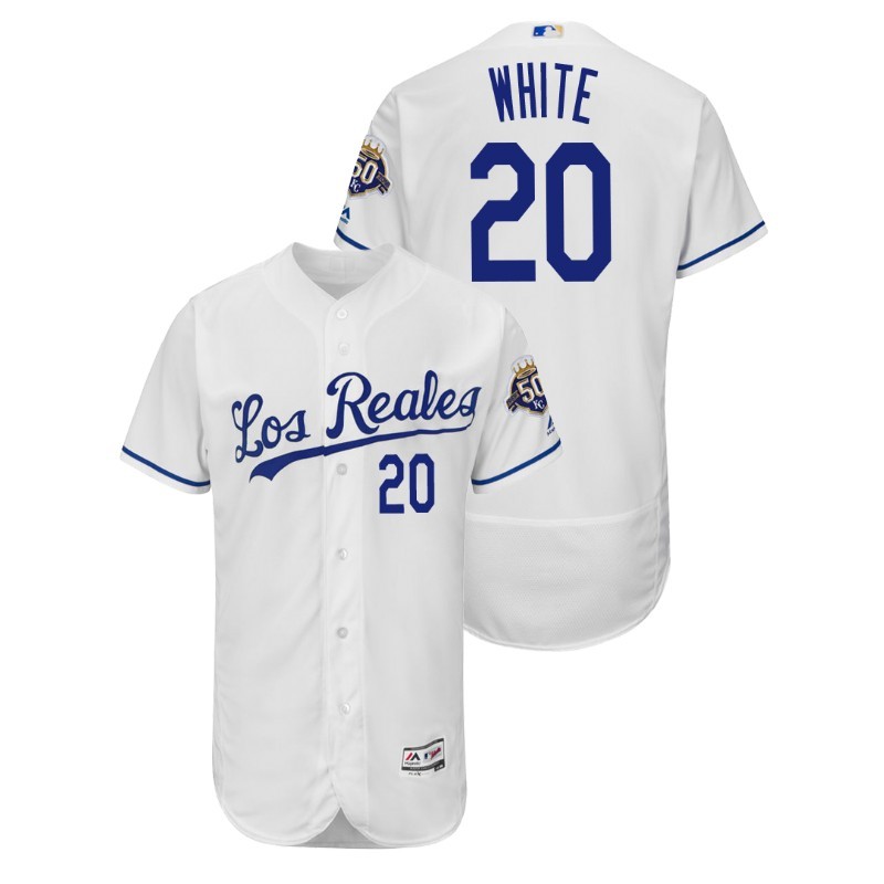 Men’S Kansas City Royals White Home Flex Base #20 Frank White 50Th Anniversary Jersey – All Stitched, Embroidery