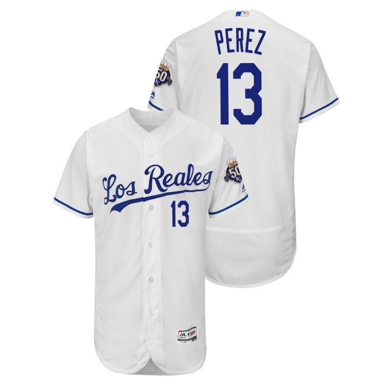 Men’S Kansas City Royals White Home Flex Base #13 Salvador Perez 50Th Anniversary Jersey – All Stitched, Embroidery