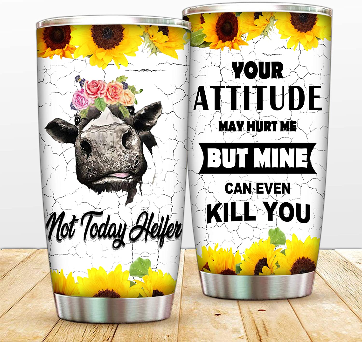 Your Attitude May Hurt Me Cow Flower Steel Tumblers Travel Mug, 20Oz Flower Vacuum Thermos Insulated Tumbler With Lid And Straw, Coffee Cup For Your Friends Birthday, Christmas Mug, Yellow