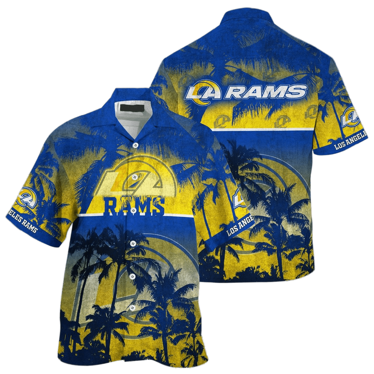 Los Angeles Rams Hawaiian Shirt Los Angeles Rams Symbol Sunset Sky And Palm Trees Blue Hawaii Shirt Los Angeles Rams Aloha Shirt For Men