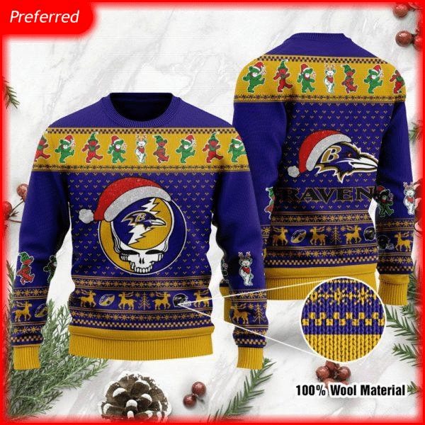 Baltimore Ravens Skull Gift For Fan Ugly Wool Sweater Christmas