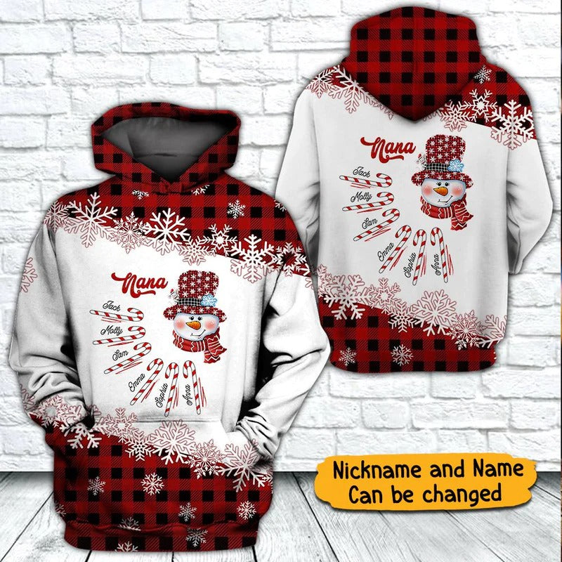 Personalized Snowman Grandma Candy Cane Grandkids Christmas Gift Hoodie 3D Mama Xmas Hoodie