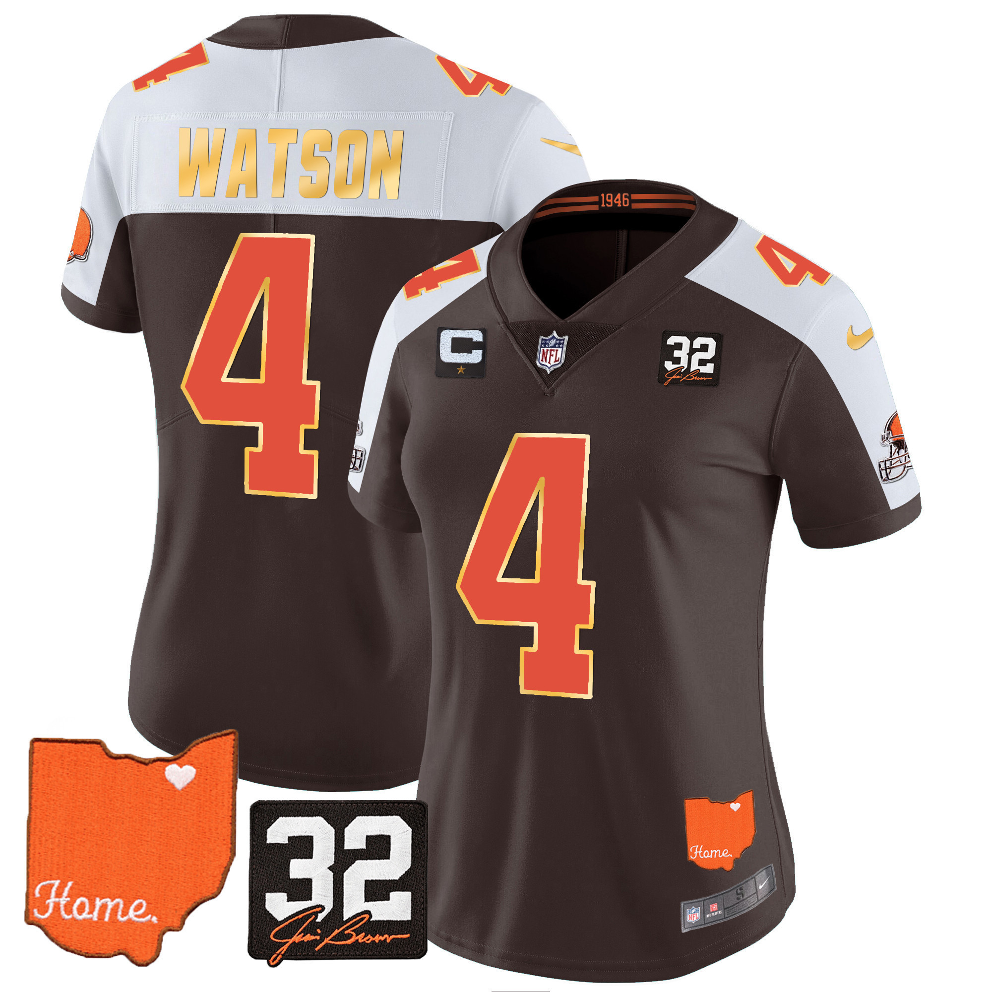 Women’S Browns #32 Jim Brown Memorial & Home Patch Gold Trim Jersey – All Stitched