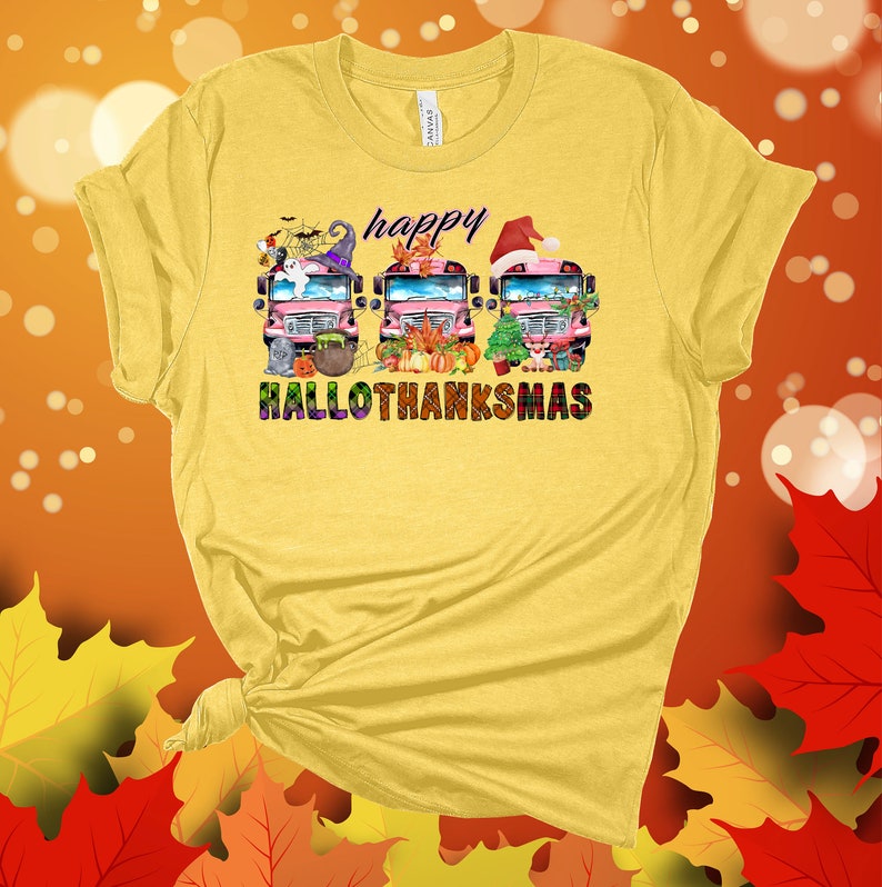 Happy Hallothanksmas, School Bus, Pink Bus, Christmas, Halloween, Thanksgiving, Premium Soft Shirt