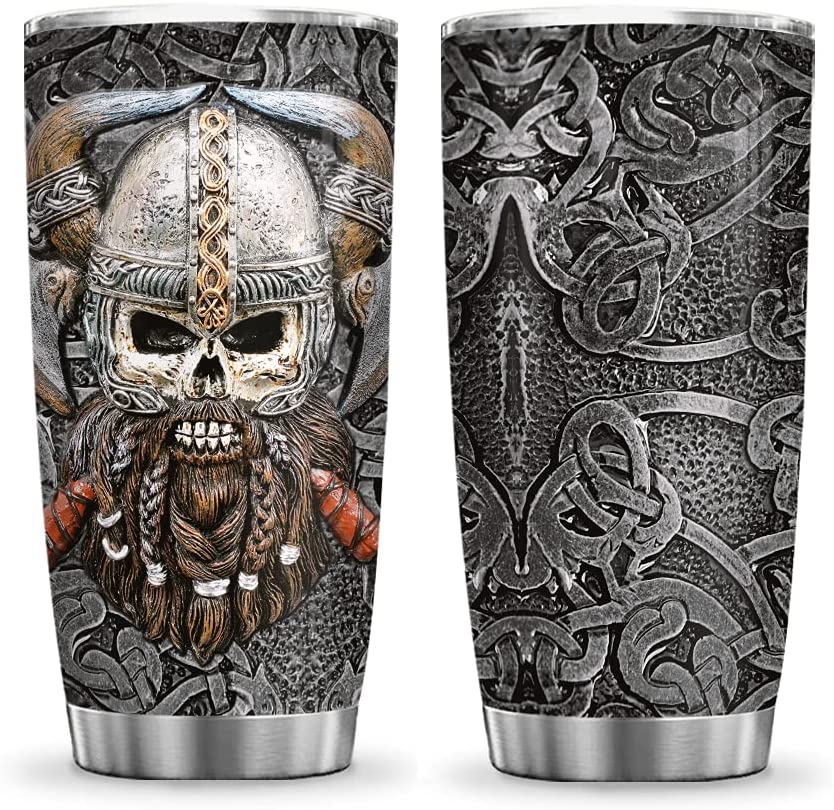 20Oz Viking Celtic Odin Skull Metal Style Tumbler Cup With Lid, Double Wall Vacuum Thermos Insulated Travel Coffee Mug