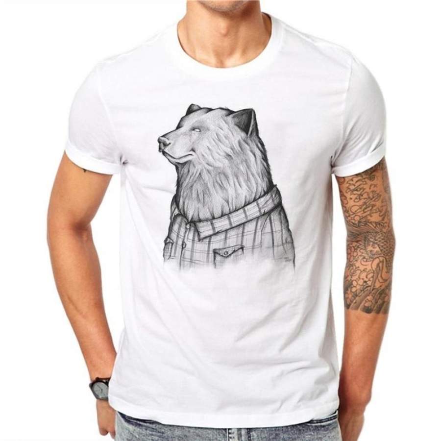 Cotton Cool Fashion Harajuku Men Hip Hop T Shirt  Animal Printed Wolf White T Shirts Male Clothing Short Sleeve