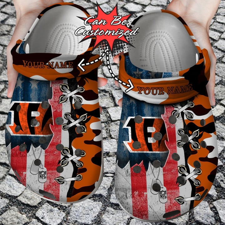 Football Crocs – Personalized Us Flag Cincinnati Bengals Cross Stitch Camo Pattern Clog Shoes