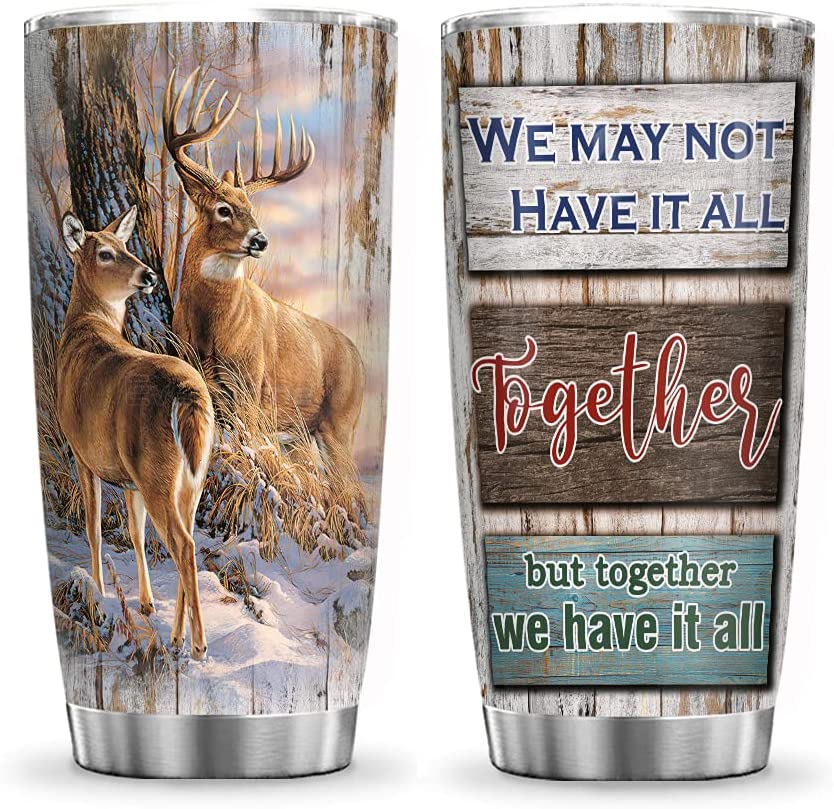 20Oz Hunting Deer Together, Deer Lovers, Deer Inspiration Tumbler Cup With Lid, Double Wall Vacuum Thermos Insulated Travel Coffee Mug