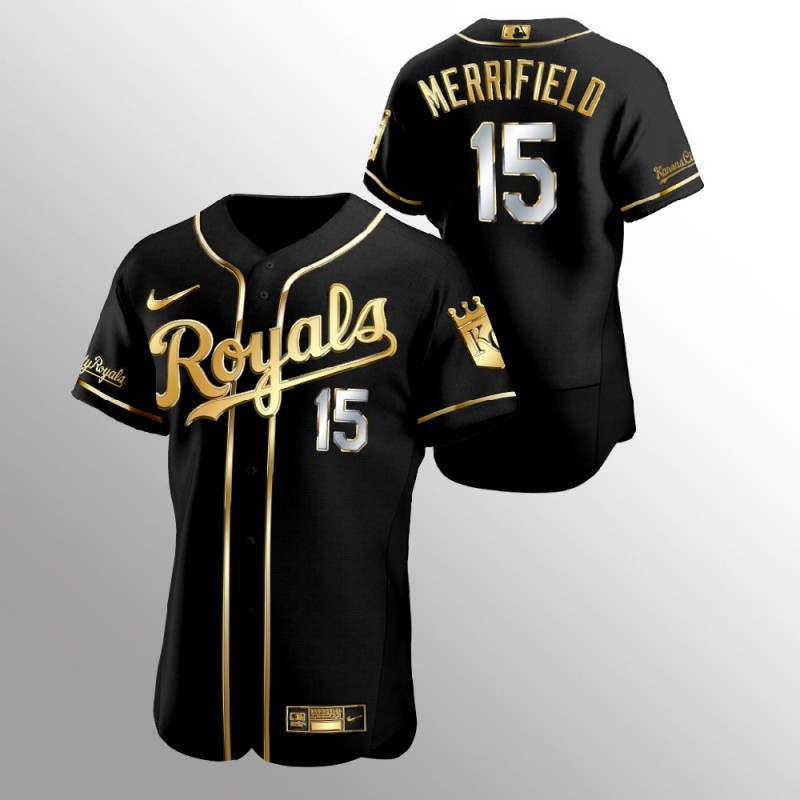 Men’S Kansas City Royals Whit Merrifield Golden Edition Black Authentic Jersey – All Stitched, Embroidery