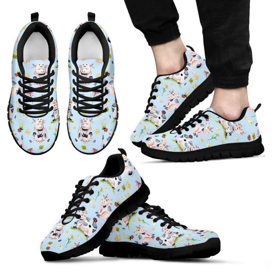 Watercolor Cartoon Cow Pattern Print Men’s Sneakers