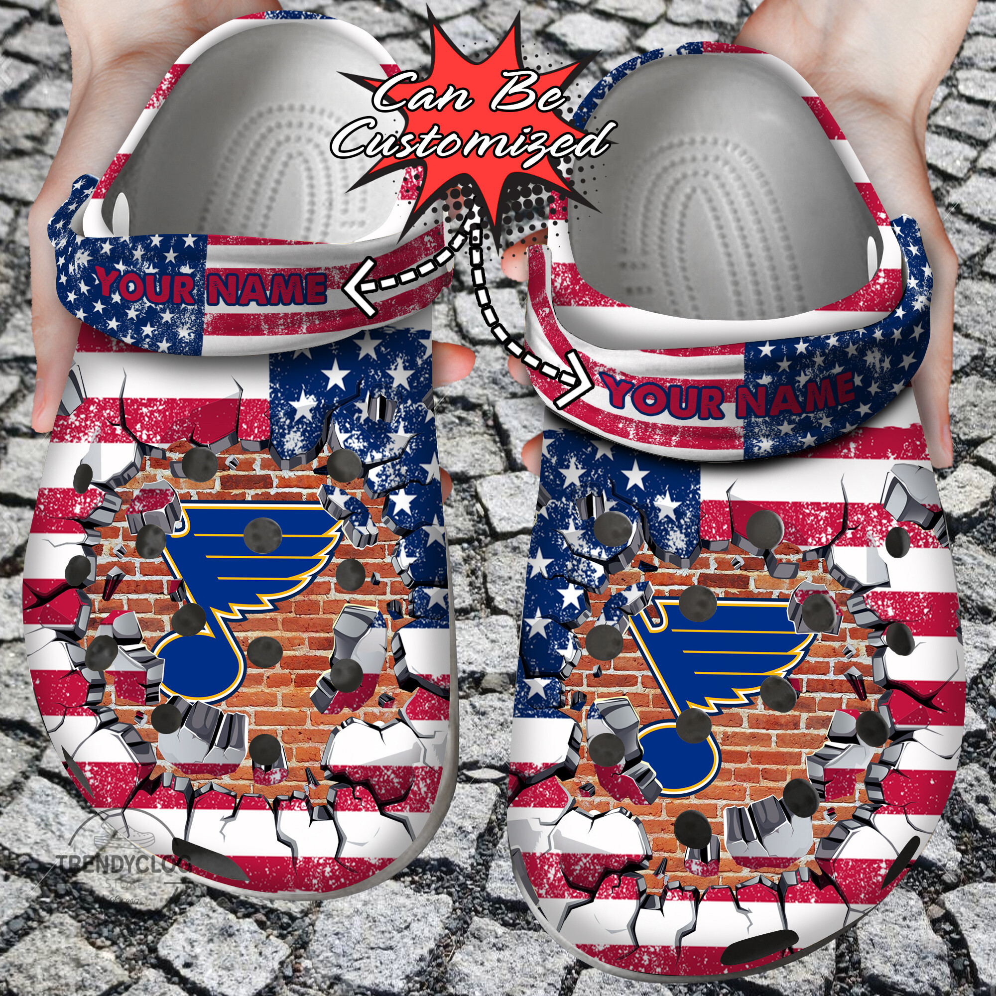 Hockey Crocs – Personalized St. Louis Blues American Flag Breaking Wall Clog Shoes