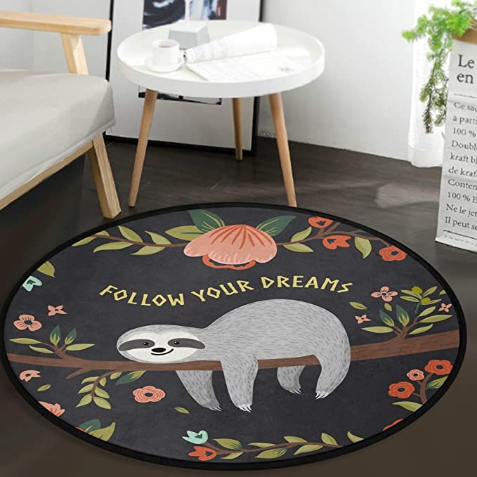 Spring Flowers Floral Sloth Area Rugs Tropical Poppy Funny Animal, Round Doormat Non Slip, Floor Mat Carpet Yoga Rug For Entryway Bedroom Living Room Home Decor