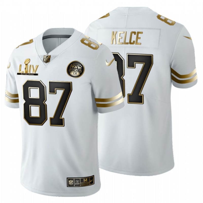 Men’S Kansas City Chiefs #87 Travis Kelce White Super Bowl Liv Golden Edition Jersey – All Stitched, Embroidery