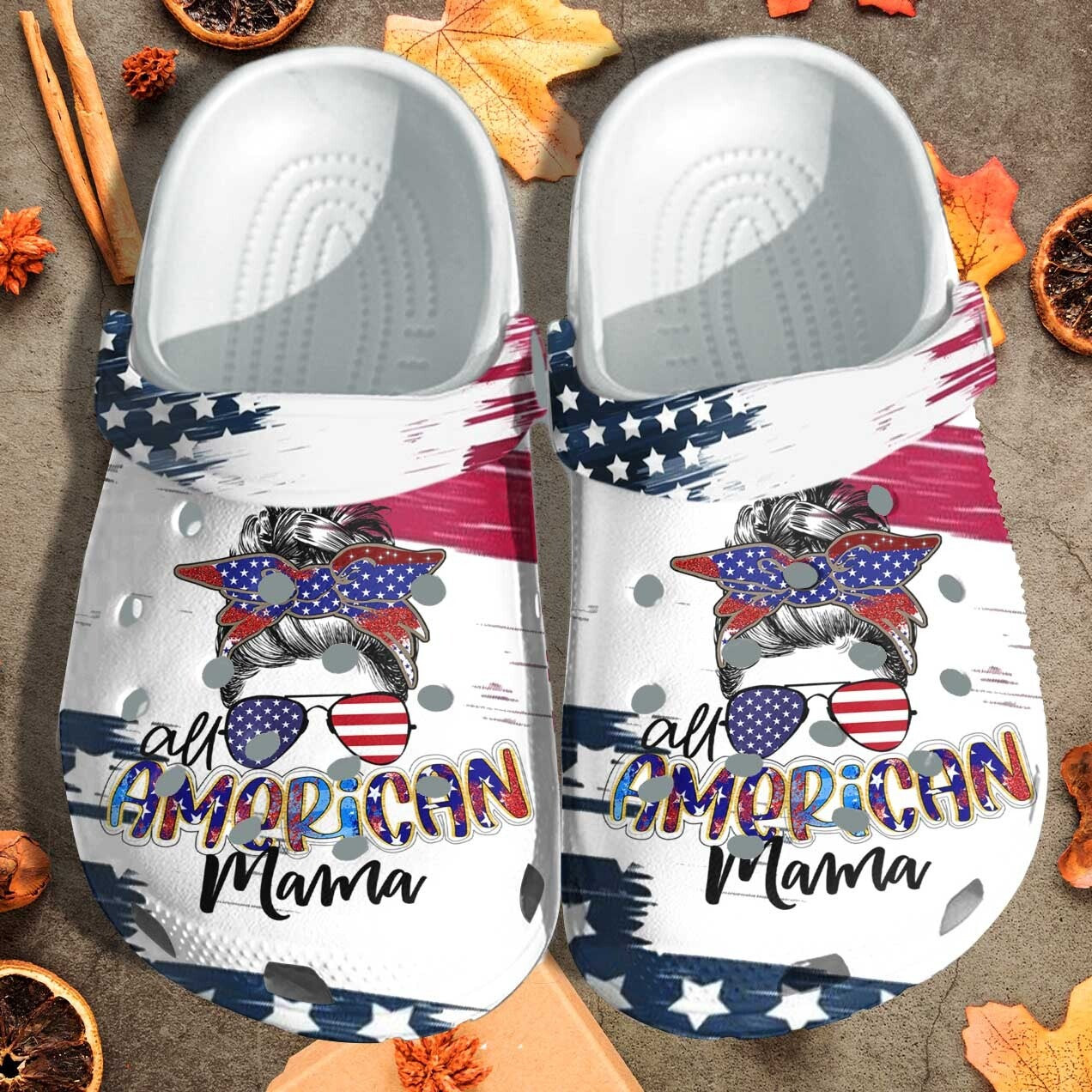 All American Mama Messy Custom Crocs Shoes Clogs – Bun Hair Style American Flag Outdoor Crocs Shoes Clogs Birthday Gift For Mother Daughter Friend