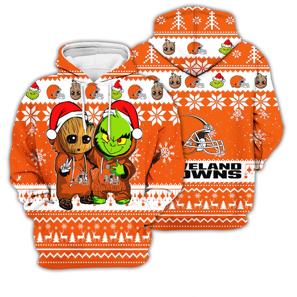 Cleveland Browns Baby Groot And Grinch Best Friends Football American Ugly Christmas Sweater New Trends For Fans Club Gifts Unisex 3D Hoodie