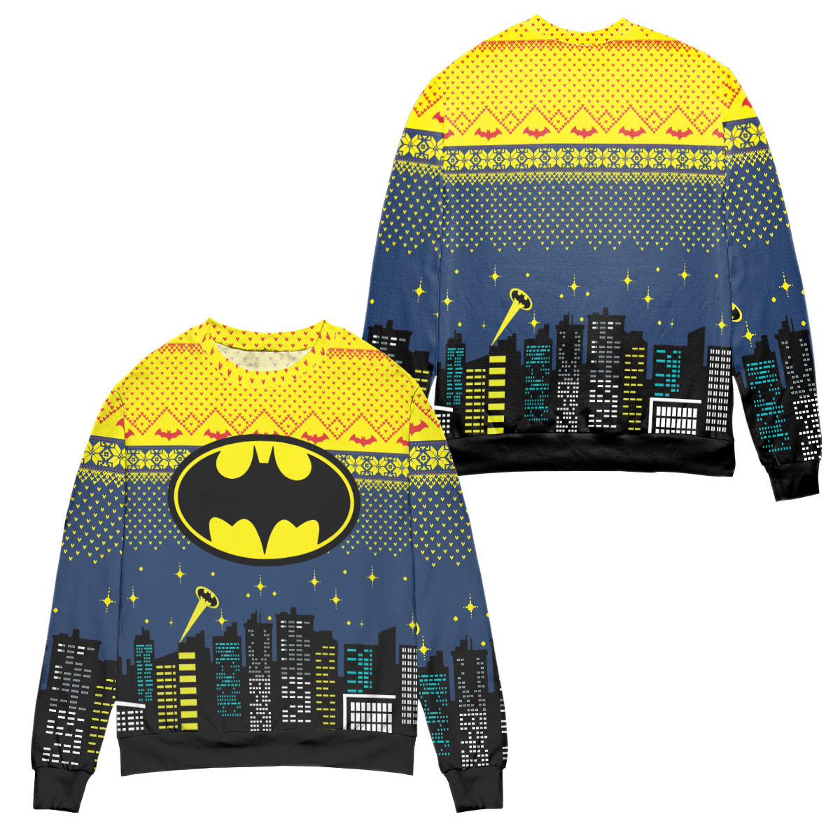 Batman Logo City Nights Ugly Christmas Sweater – All Over Print 3D Sweater – Blue Yellow